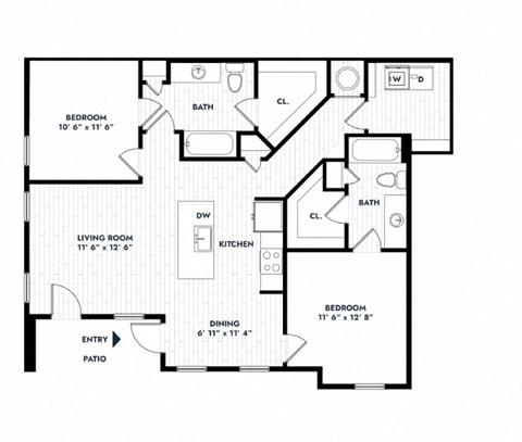 Floor plan for 2 beds, 2 baths, 1112 sqft